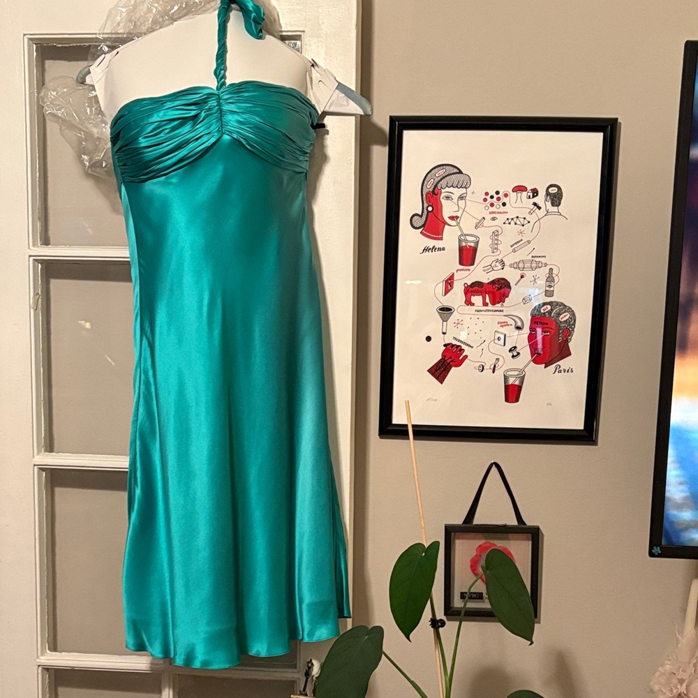 Y2K cache Teal Satin Halter Dress
